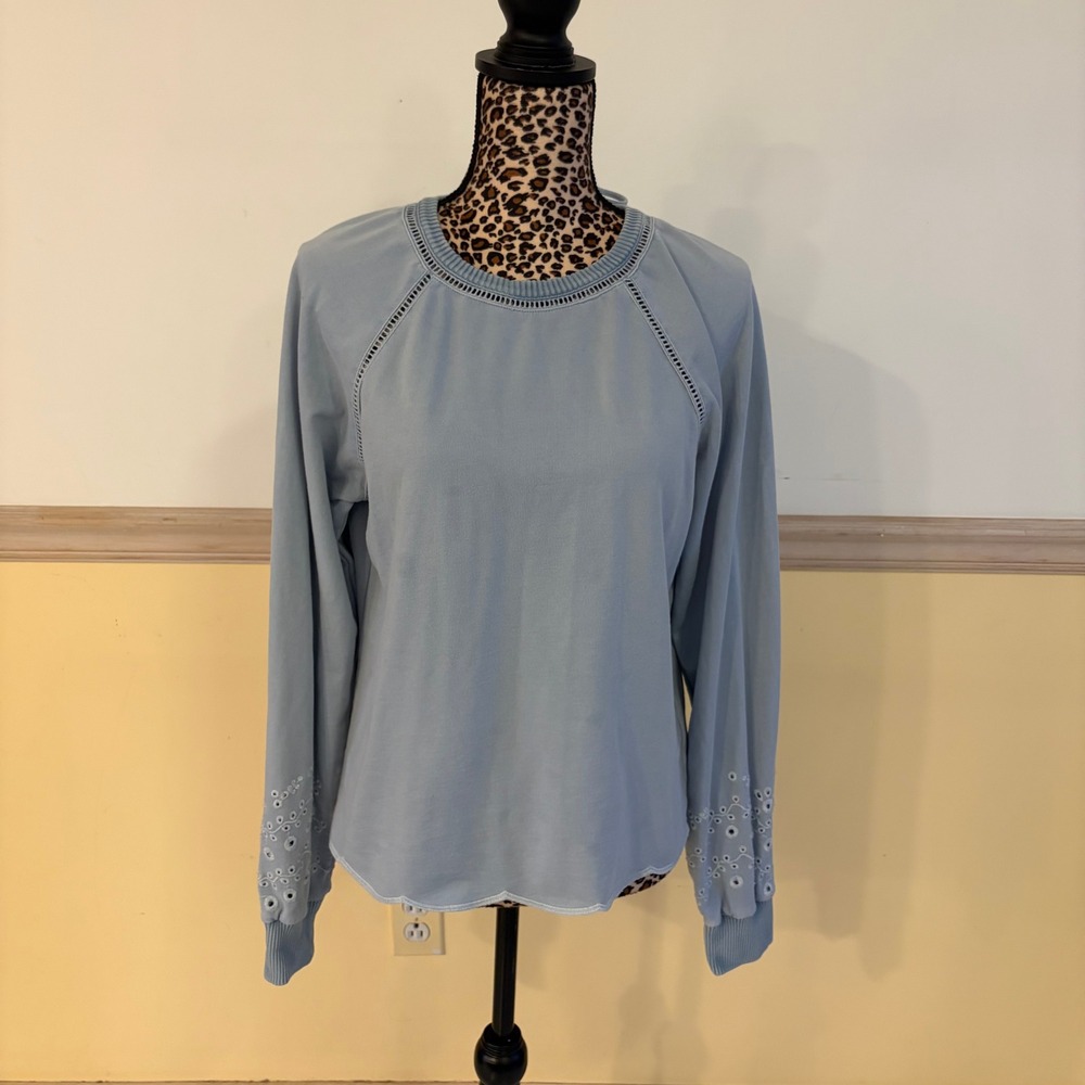 Anthropologie Wendy Eyelet Open Back Tassel‎ Sweater Sweatshirt Light Blue Small
